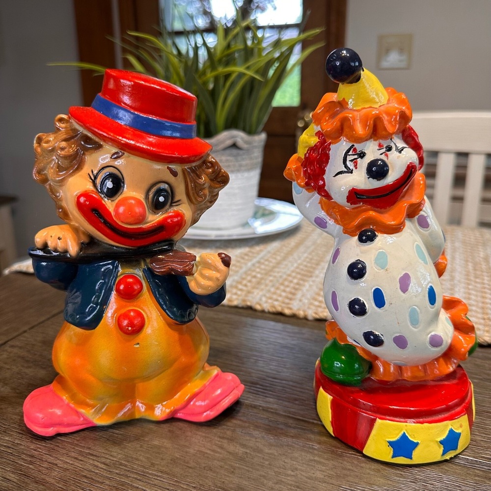 2 Vintage‎ Clown Coin Piggy Banks Figurine Circus Decor 8" Plugs included!